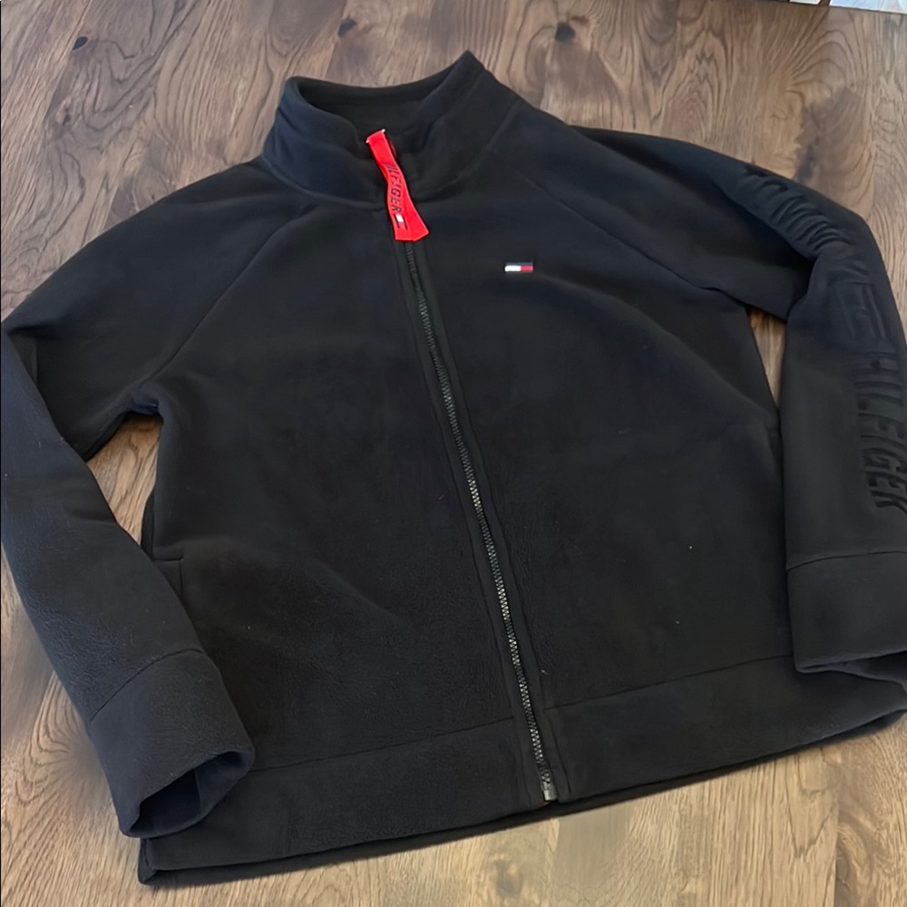 Tommy Hilfiger Women’s Sport Black Fleece Jacket with Red Accents Large
